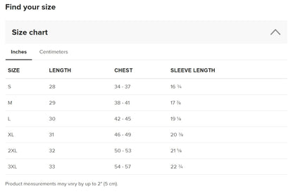 Duck it logo shirt size chart