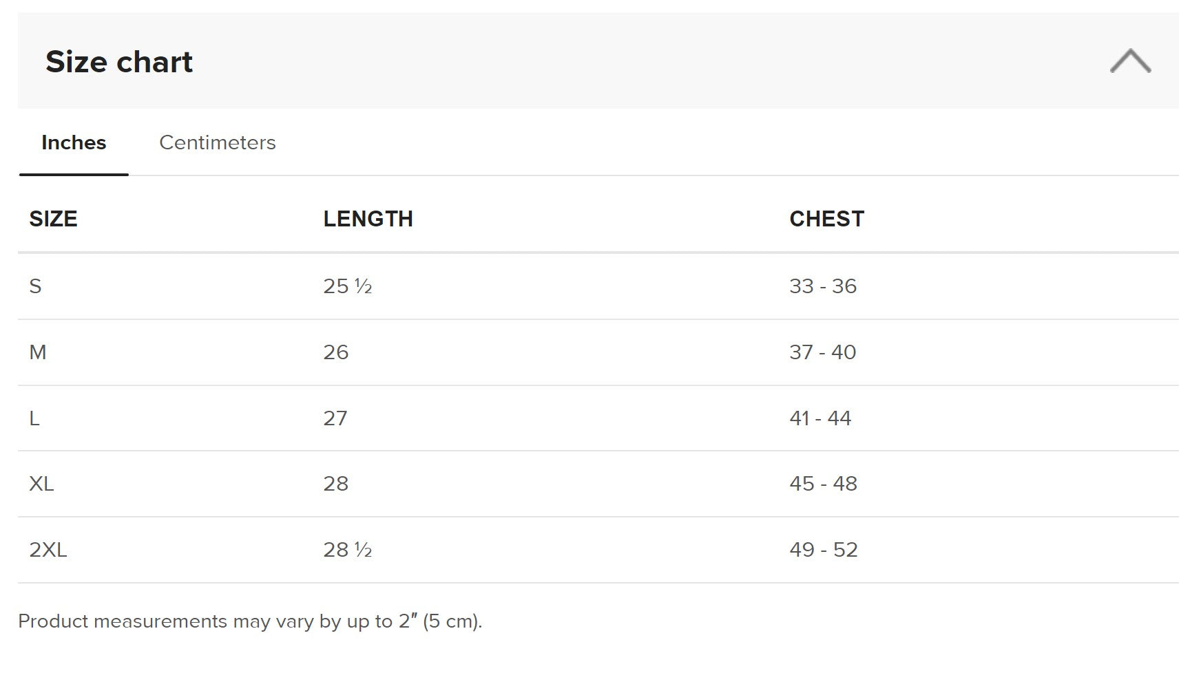 Duck it logo shirt size chart