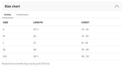 Duck it logo shirt size chart