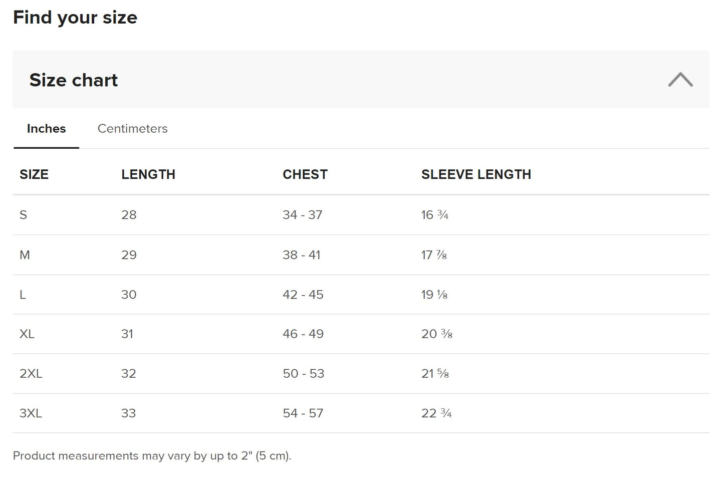 Duck it logo shirt size chart