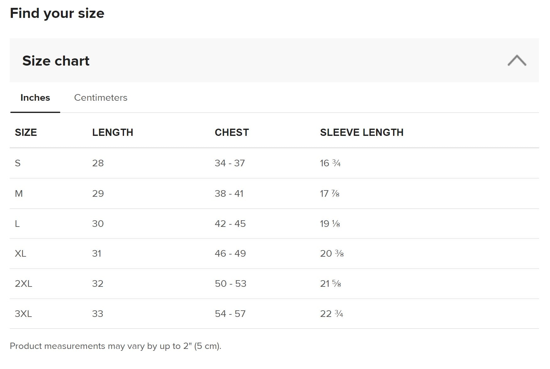 Duck it logo shirt size chart