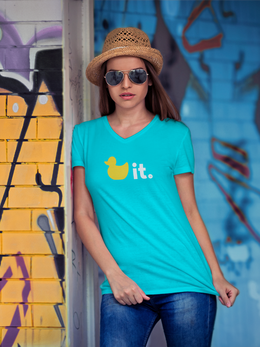 New! Women's Duck It Logo T-Shirt - V-Neck Turquoise