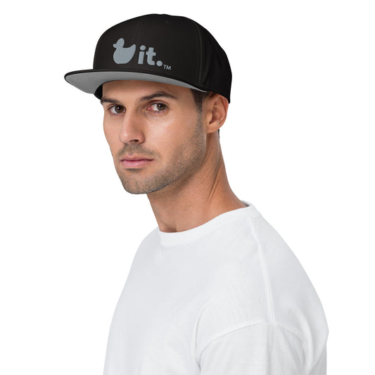 Duck it logo snapback flat bill hat black and gray male model front