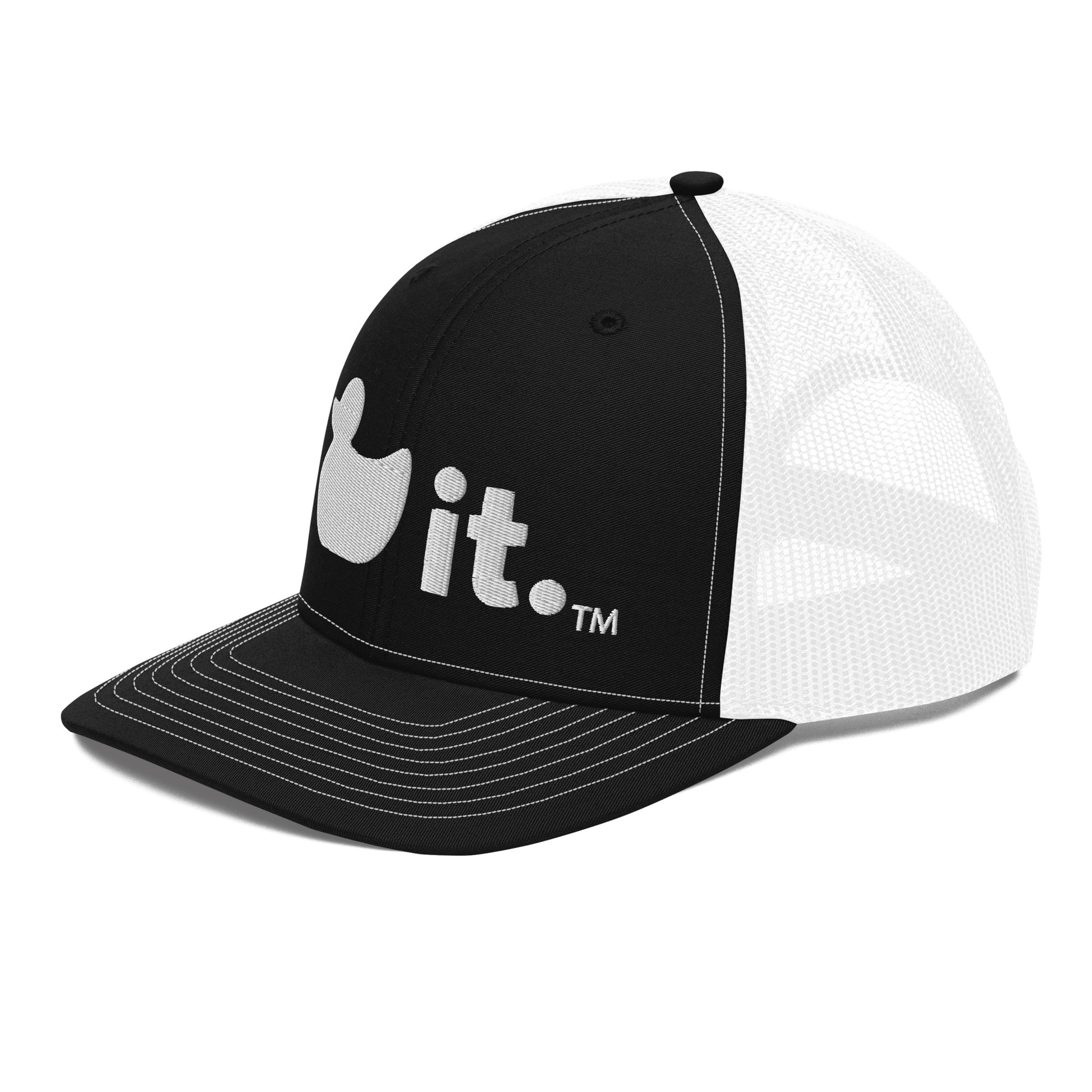 Duck it logo black and white trucker hat left side