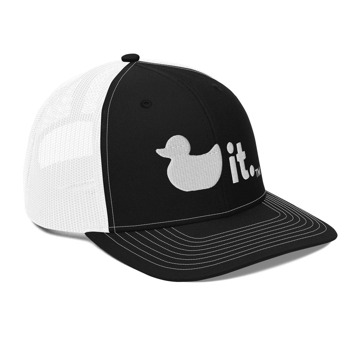 Duck it logo black and white trucker hat right side