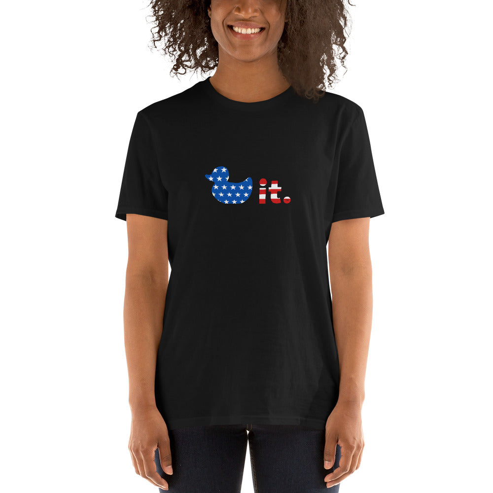 Duck it logo shirt stars and stripes female model