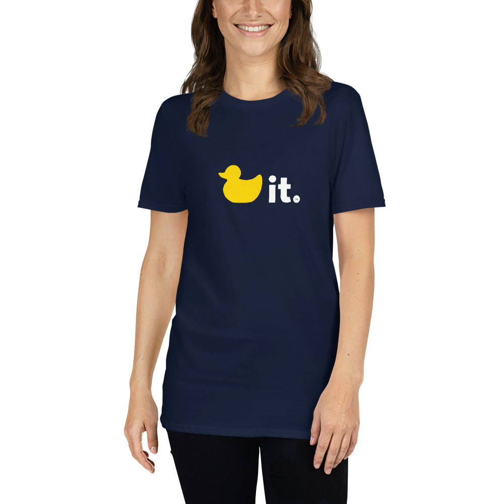 Duck it logo shirt navy blue female model