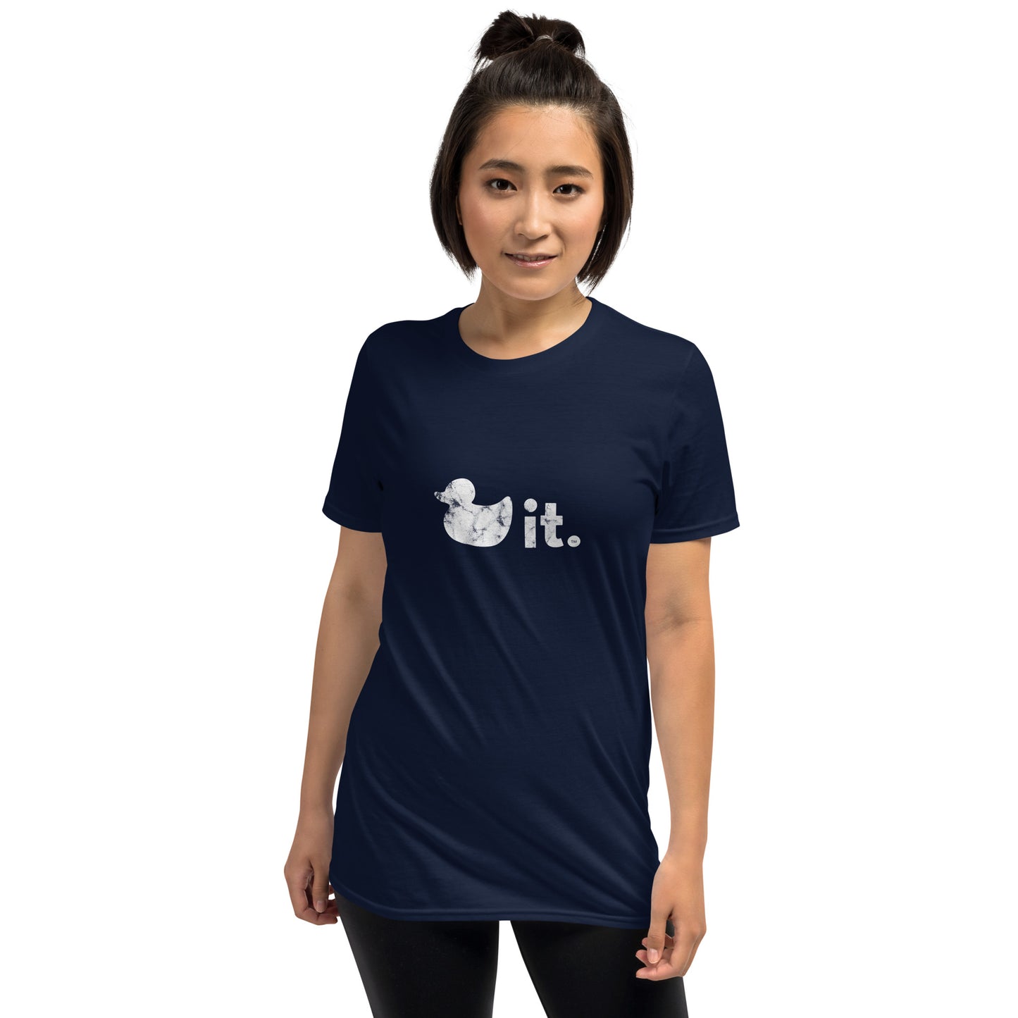 Vintage Duck it logo shirt navy blue female model