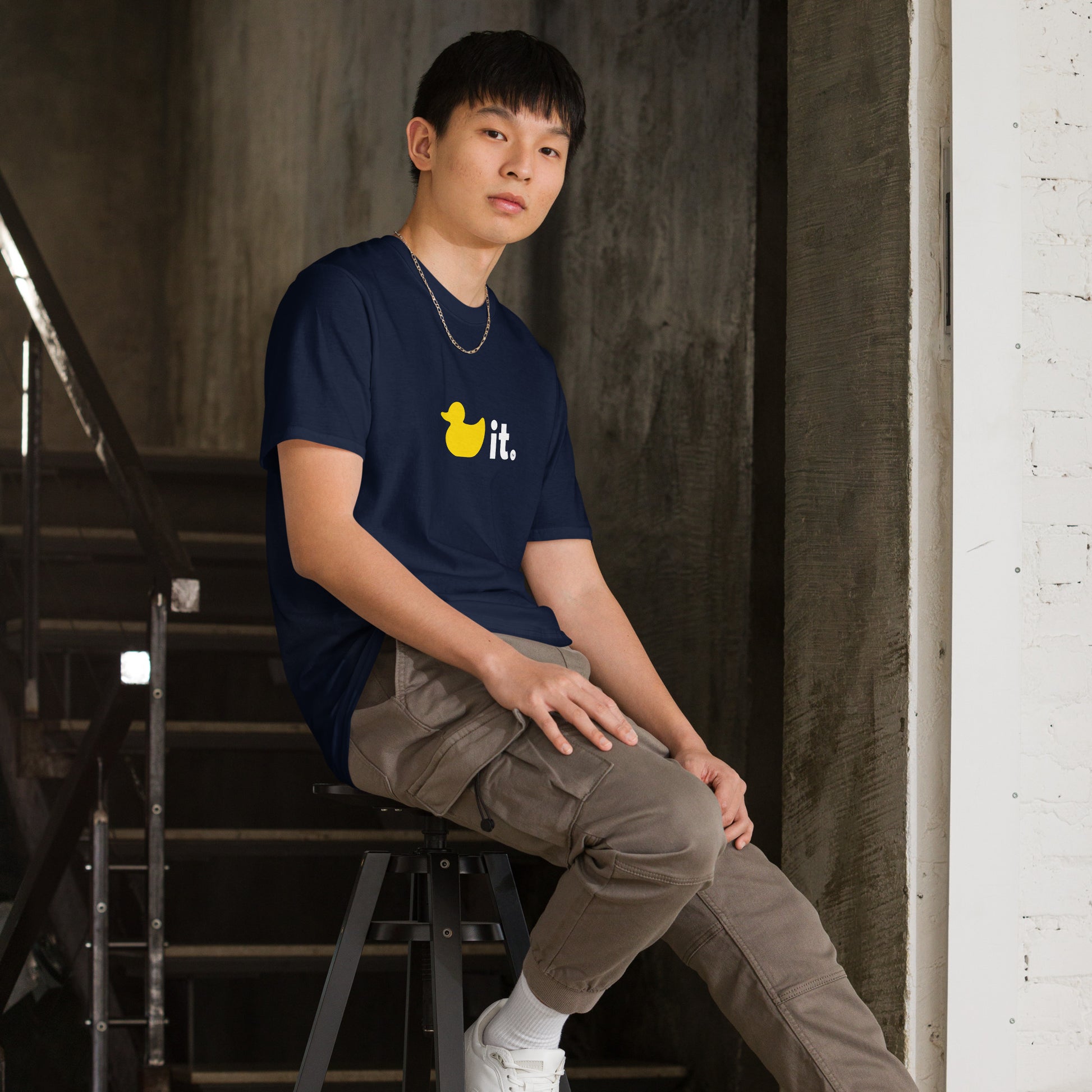 Duck it logo shirt navy blue male model 2