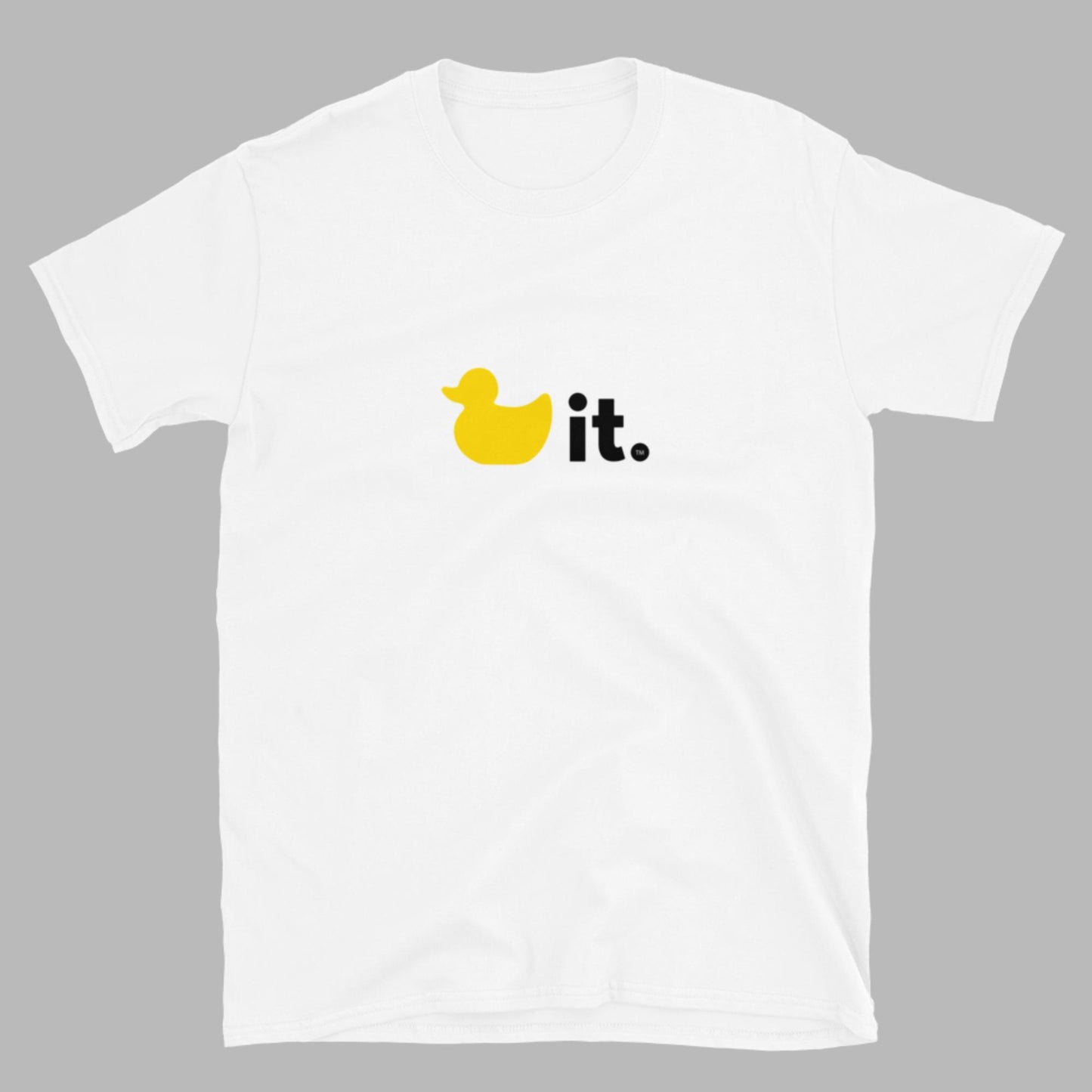 Duck it shirt white with yellow and black duck it logo