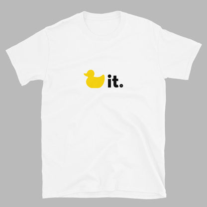 Duck it shirt white with yellow and black duck it logo