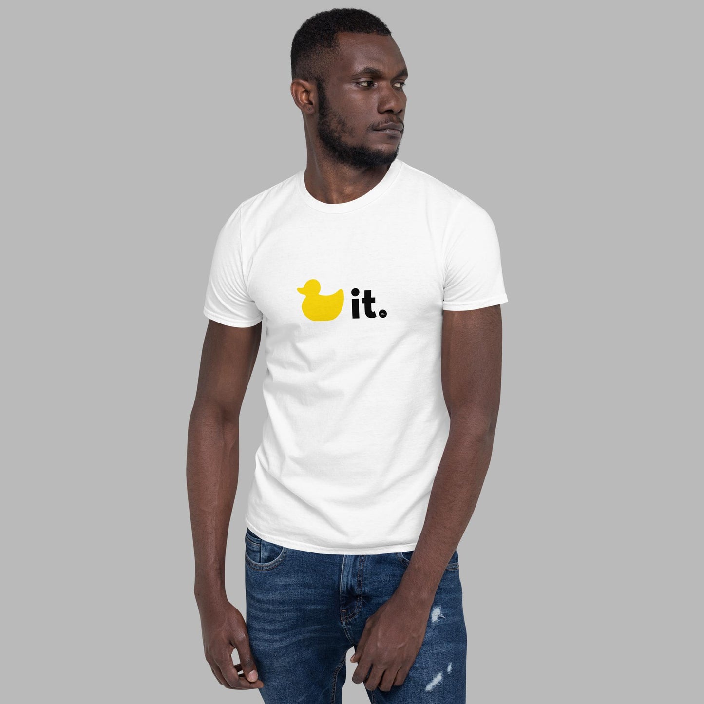 Duck it shirt white with yellow and black duck it logo male model 2