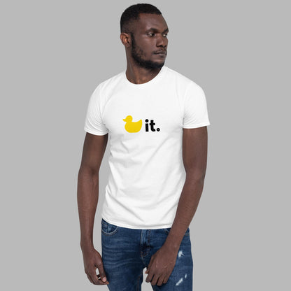 Duck it shirt white with yellow and black duck it logo male model 2