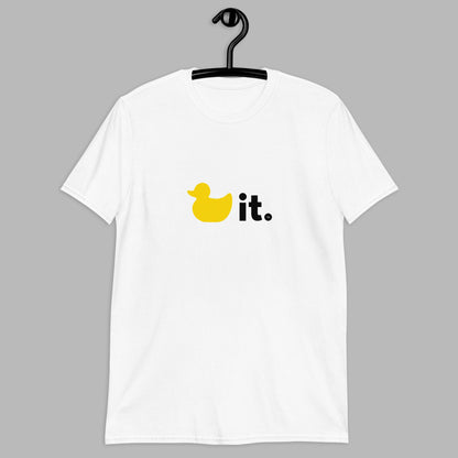 Duck it shirt white with yellow and black duck it logo on hangar